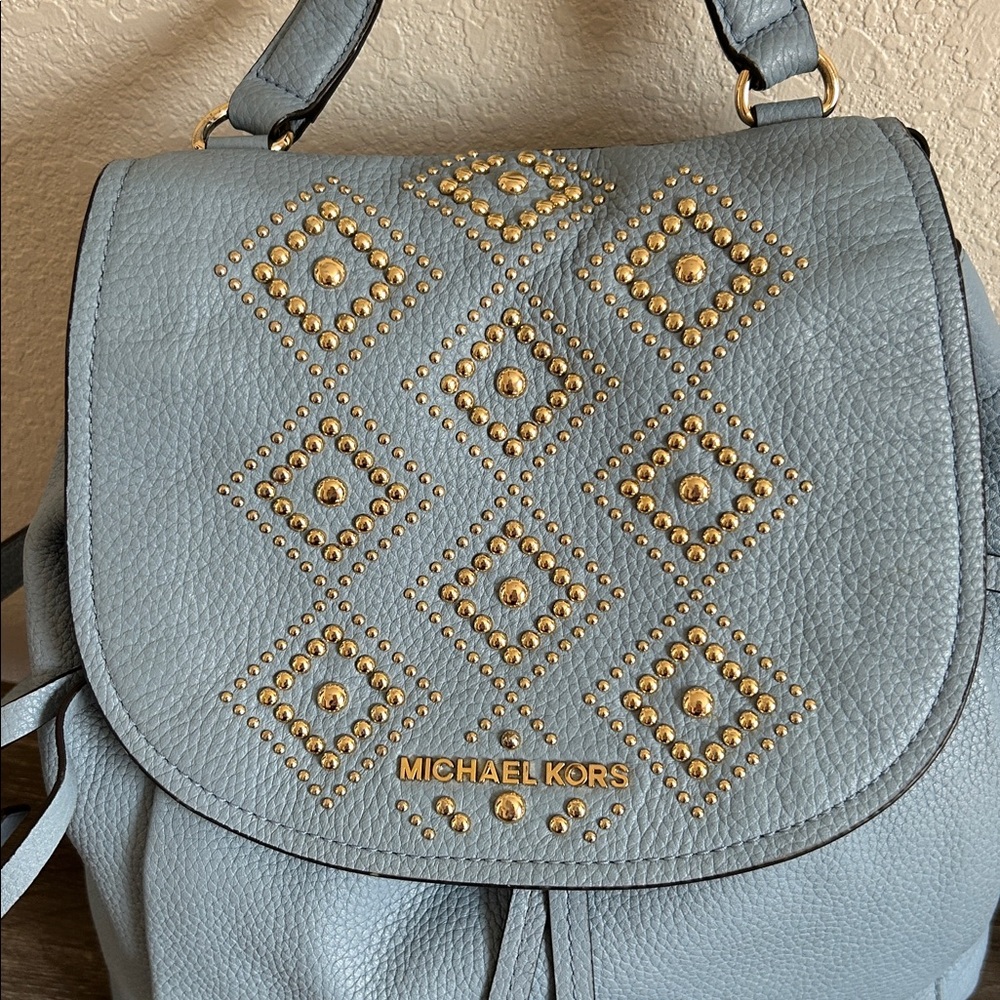 Gold Studded | Drawstring Flap Backpack | Pale Blue - Picture 4 of 17